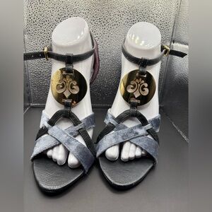 Dereon Black and Gray Velvet Strappy Heels with Gold Medallion